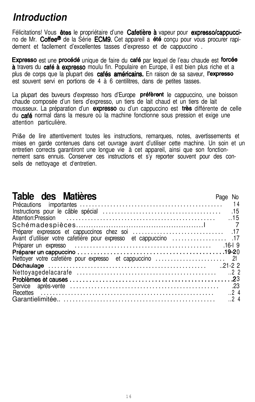 Mr. Coffee ECM9 manual Table des Matières, 16-l, 19-2 