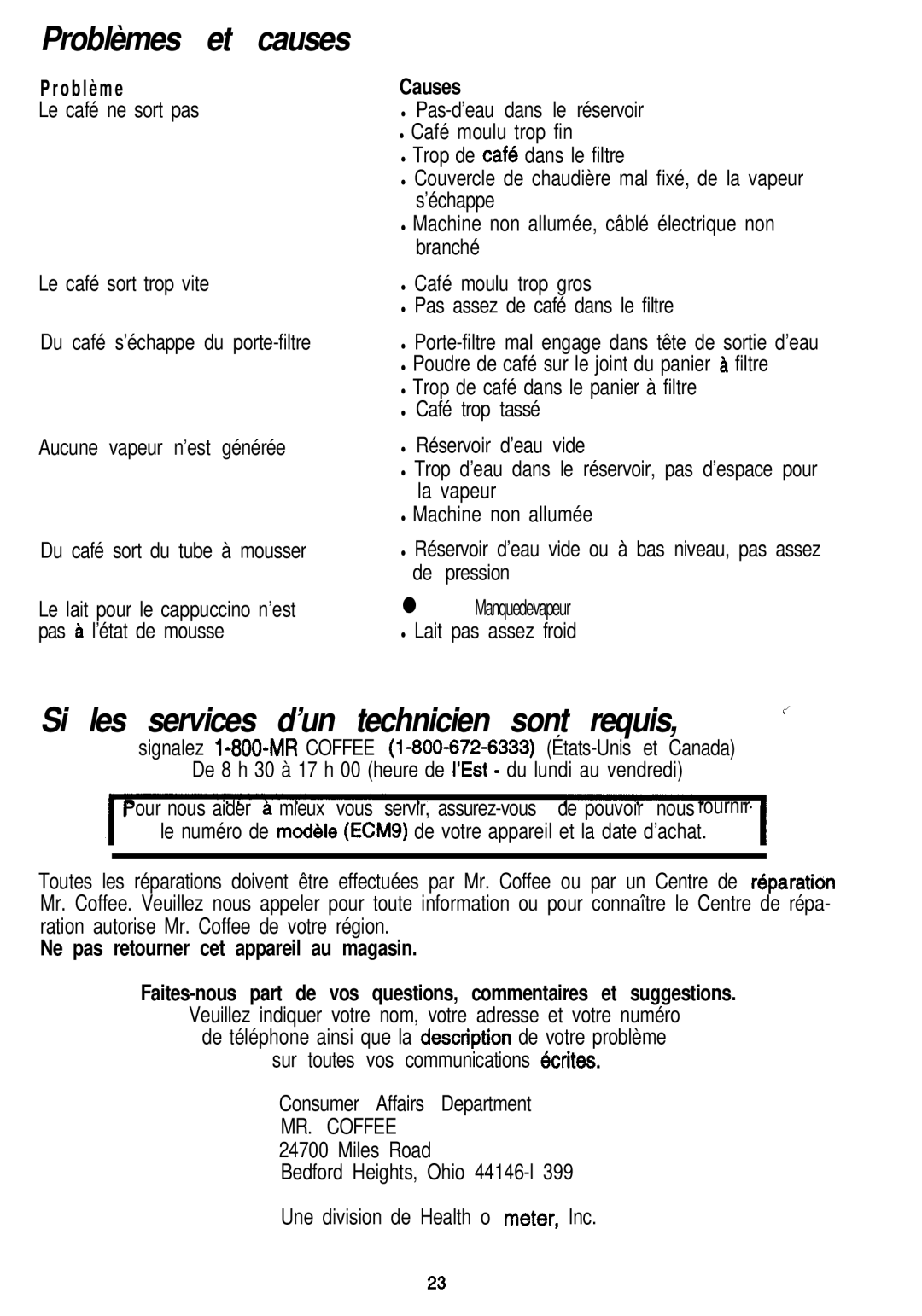 Mr. Coffee ECM9 manual Problèmes et causes, Si les services d’un technicien sont requis, O b l è m e, Causes 