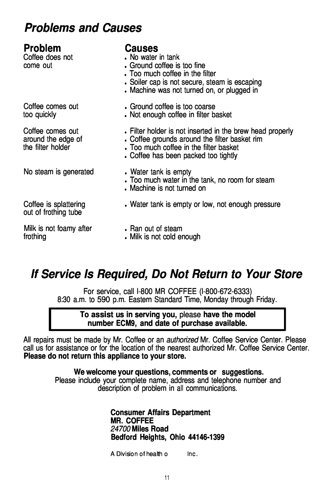 Mr. Coffee ECM9 manual Problems and Causes, If Service Is Required, Do Not Return to Your Store, Bedford Heights, Ohio 
