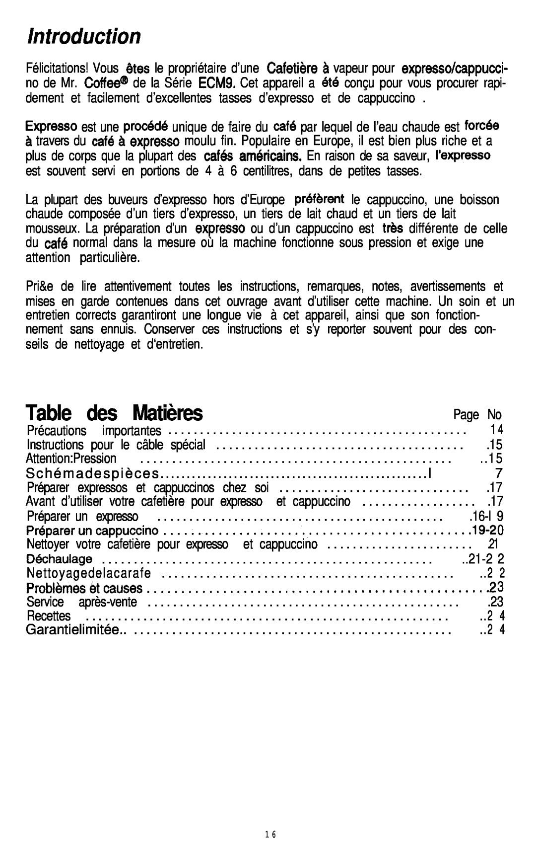 Mr. Coffee ECM9 manual Table des Matières, Introduction, Page No, 16-l, 19-2 