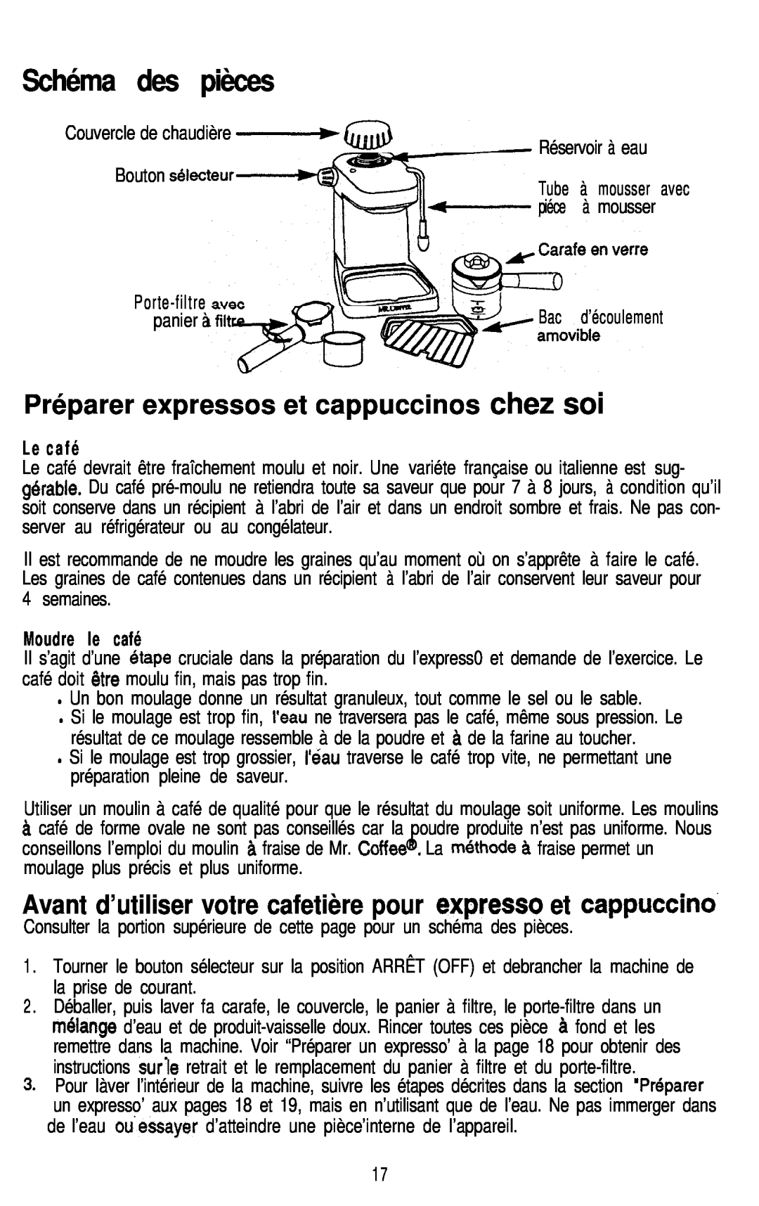 Mr. Coffee ECM9 manual Schéma des pièces, Avant d’utiliser votre cafetière pour expresso et cappuccino, L e c a f é 