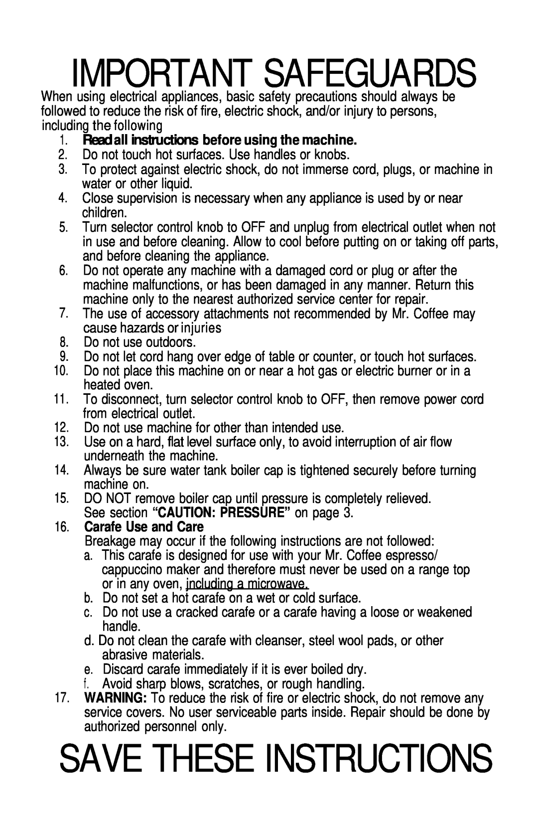Mr. Coffee ECM9 manual Readall instructions before using the machine, Carafe Use and Care, Important Safeguards 