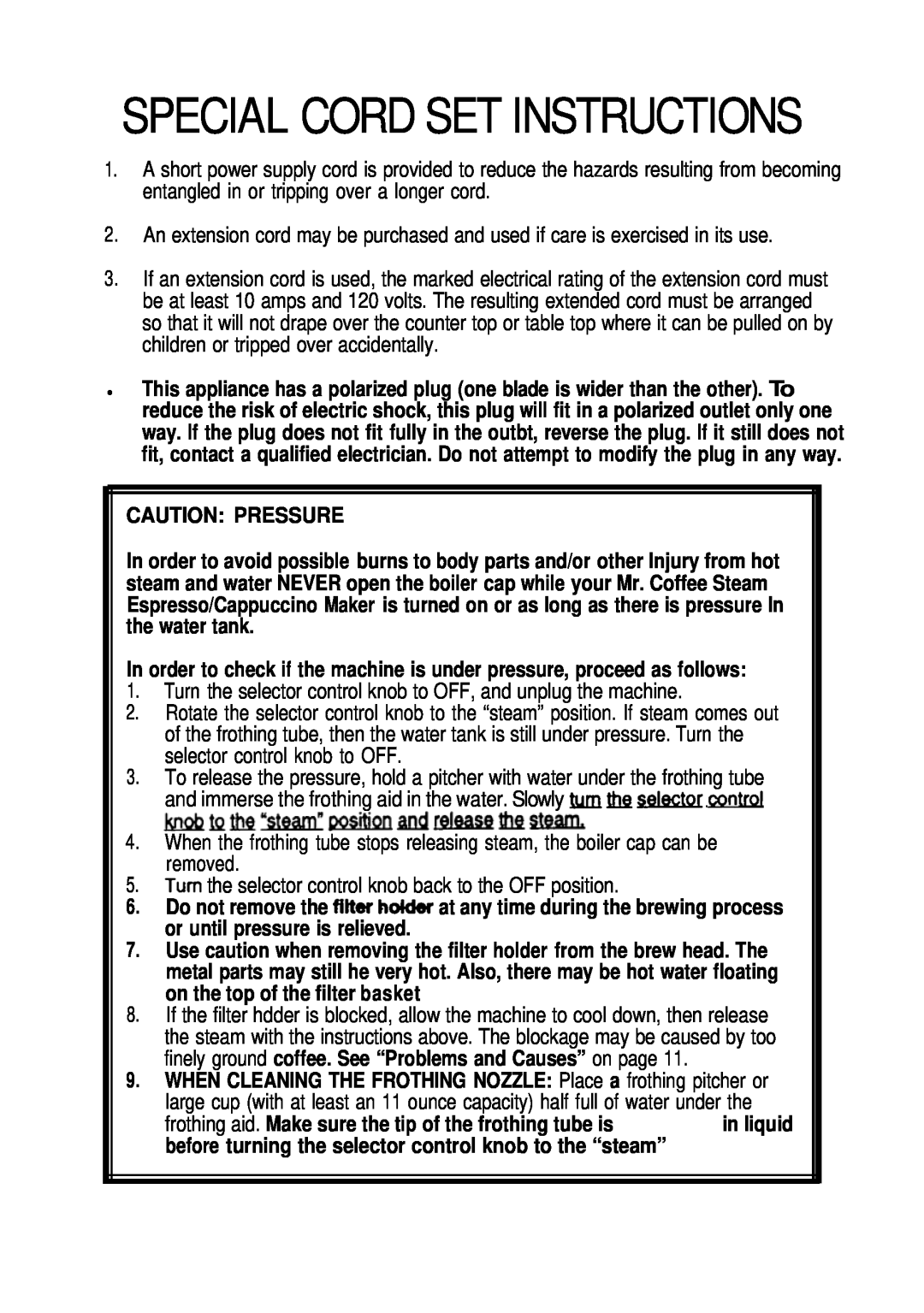 Mr. Coffee ECM9 manual Special Cord Set Instructions, Caution Pressure 