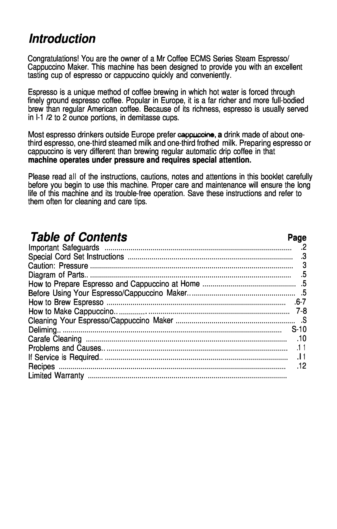 Mr. Coffee ECM9 manual Introduction, Table of Contents, Page 