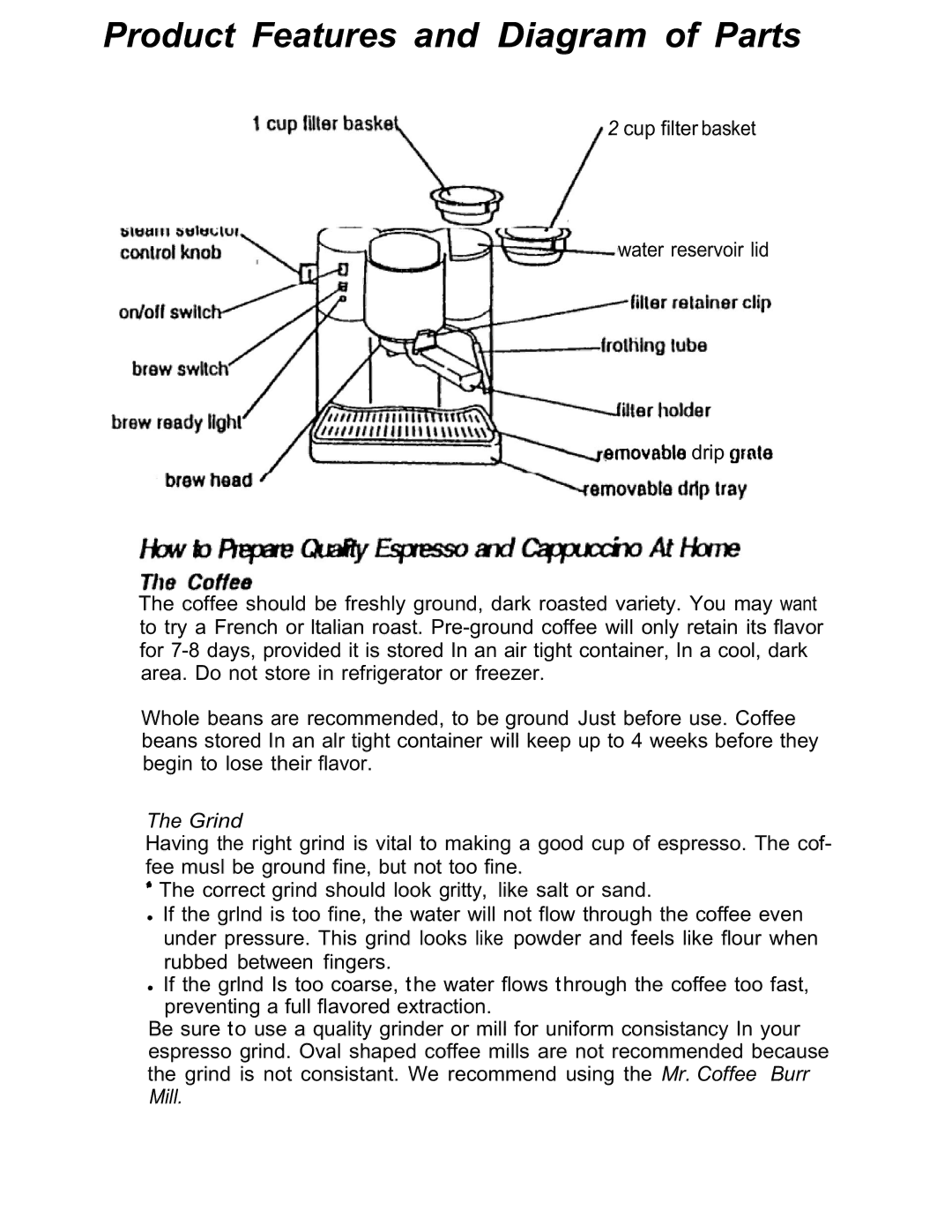 Mr. Coffee ECMP2 manual Product Features and Diagram of Parts 