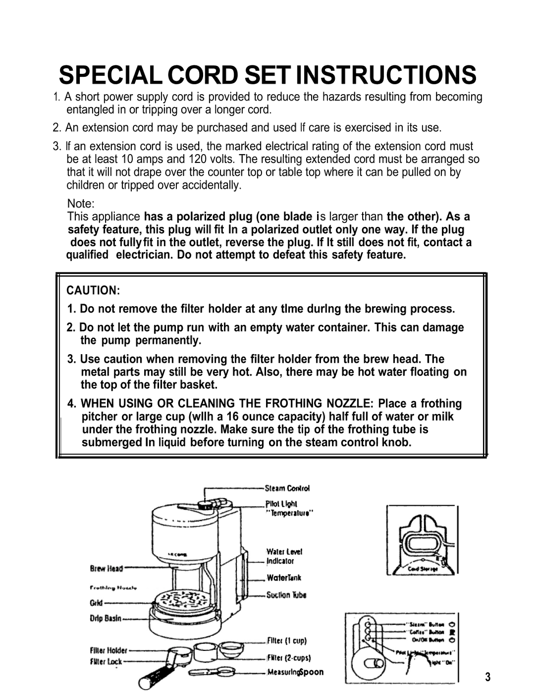 Mr. Coffee ECMP3 manual Special Cord SET Instructions 