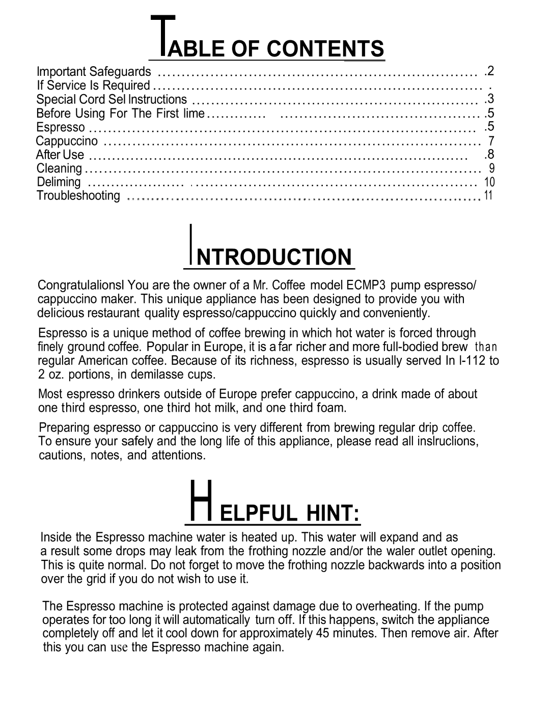 Mr. Coffee ECMP3 manual Table of Contents 