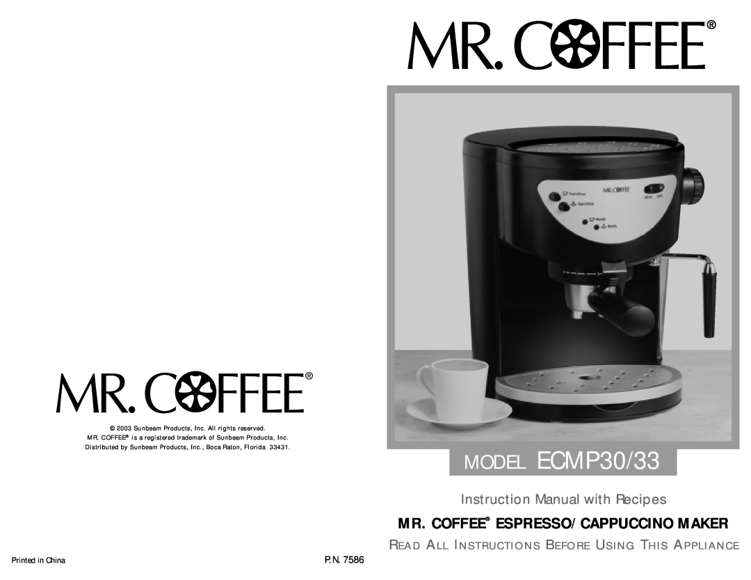 Mr. Coffee instruction manual MODEL ECMP30/33, Mr. Coffee Espresso/ Cappuccino Maker 