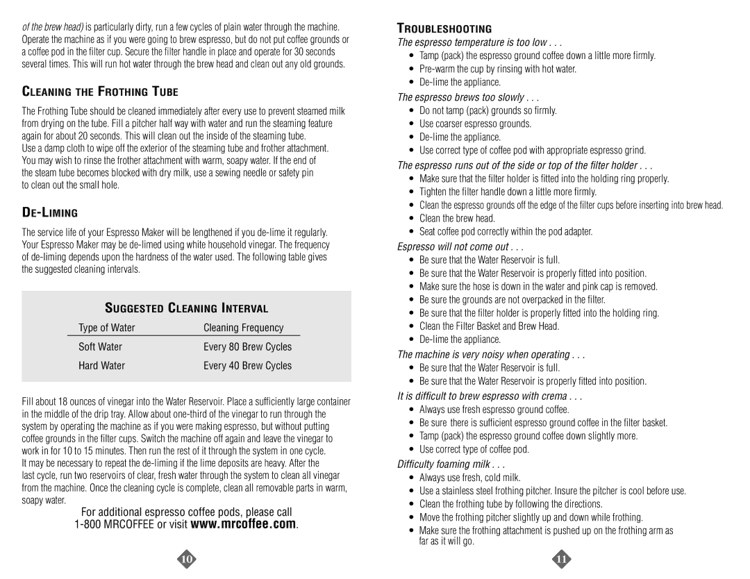 Mr. Coffee ECMP40 instruction manual Cleaning the Frothing Tube, De-Liming, Suggested Cleaning Interval, Troubleshooting 