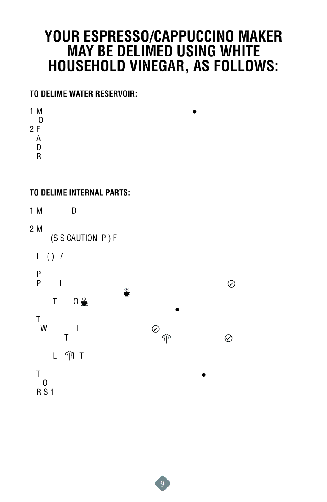 Mr. Coffee ECMP50 instruction manual MAY be Delimed Using White Household VINEGAR, AS Follows, To Delime Water Reservoir 