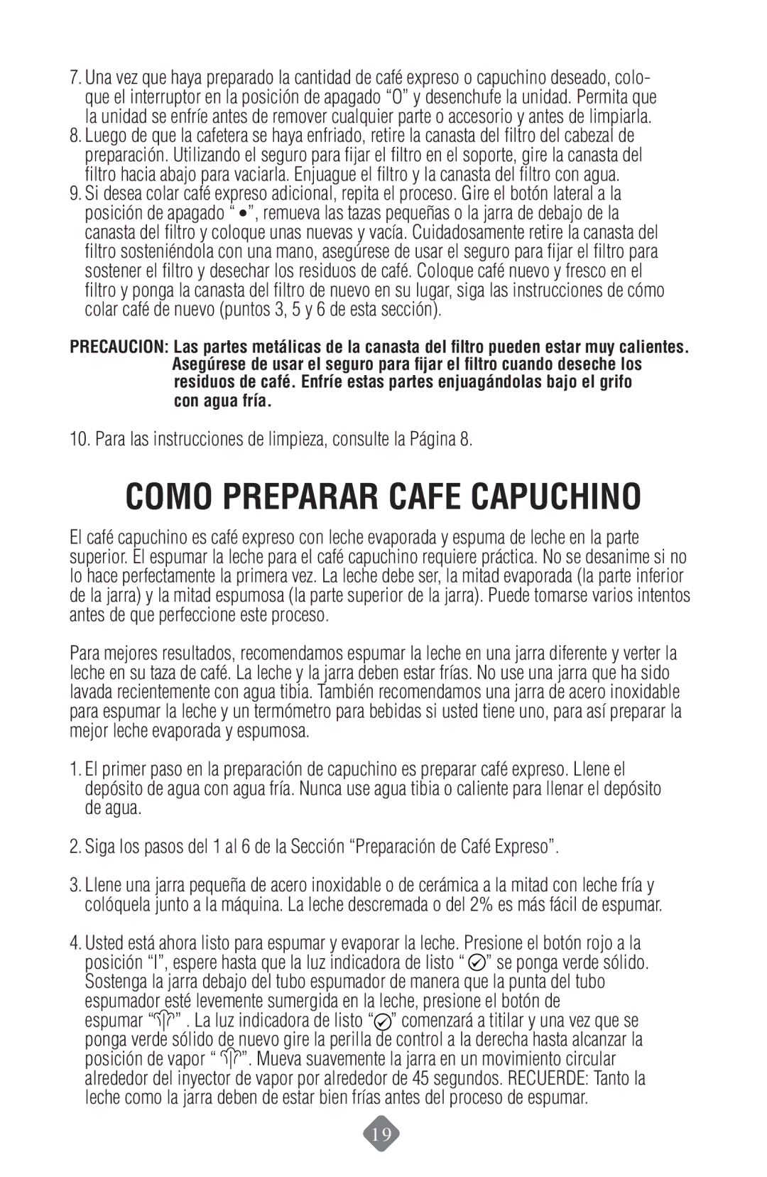 Mr. Coffee ECMP50 instruction manual Como Preparar Cafe Capuchino 