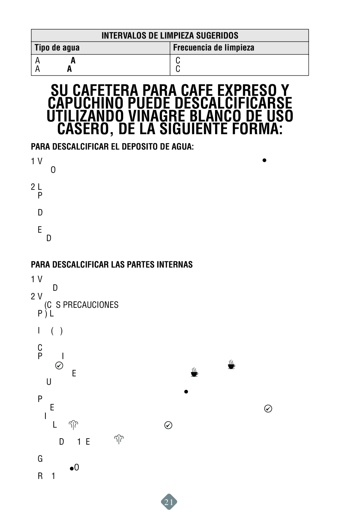 Mr. Coffee ECMP50 instruction manual Intervalos DE Limpieza Sugeridos, Para Descalcificar EL Deposito DE Agua 