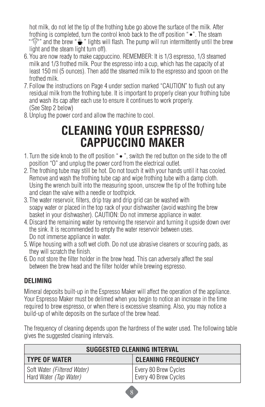 Mr. Coffee ECMP50 instruction manual Cleaning Your Espresso Cappuccino Maker, Deliming, Suggested Cleaning Interval 