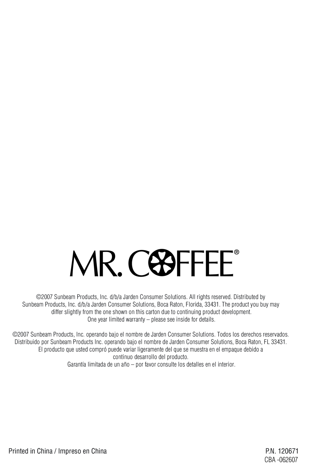 Mr. Coffee ECMP50 One year limited warranty - please see inside for details, continuo desarrollo del producto 