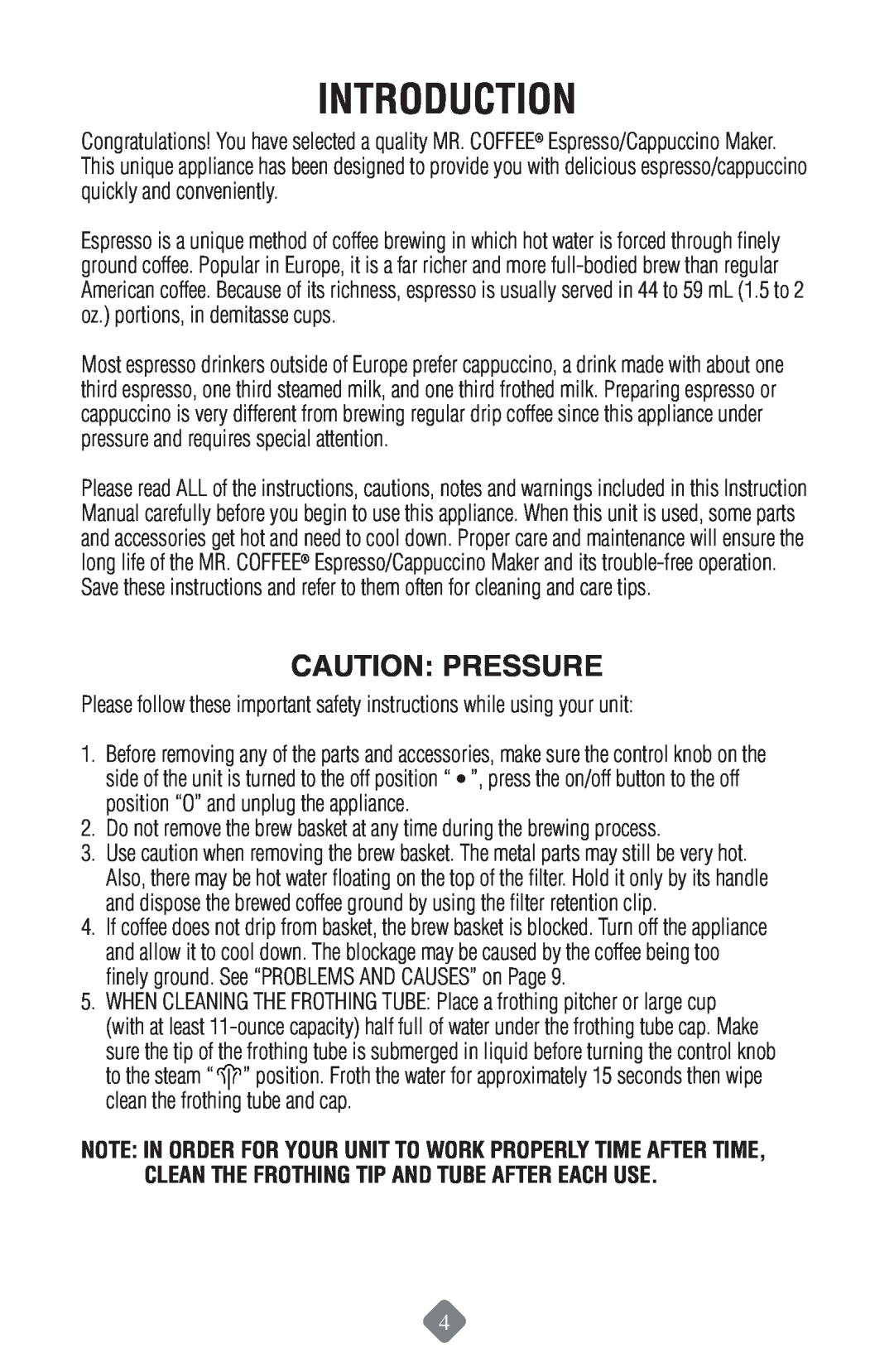 Mr. Coffee ECMP50 instruction manual Introduction, Caution Pressure 
