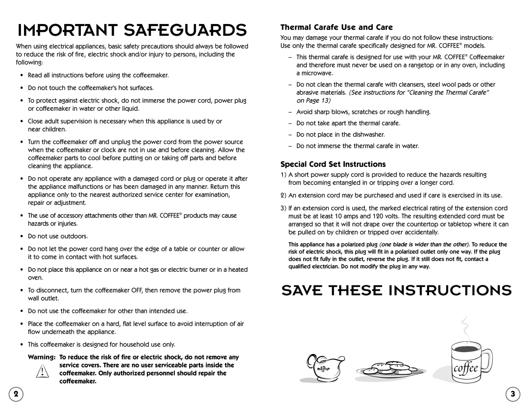 Mr. Coffee ECTX84, ECTX81, ECTX85 user manual Important Safeguards, Special Cord Set Instructions 