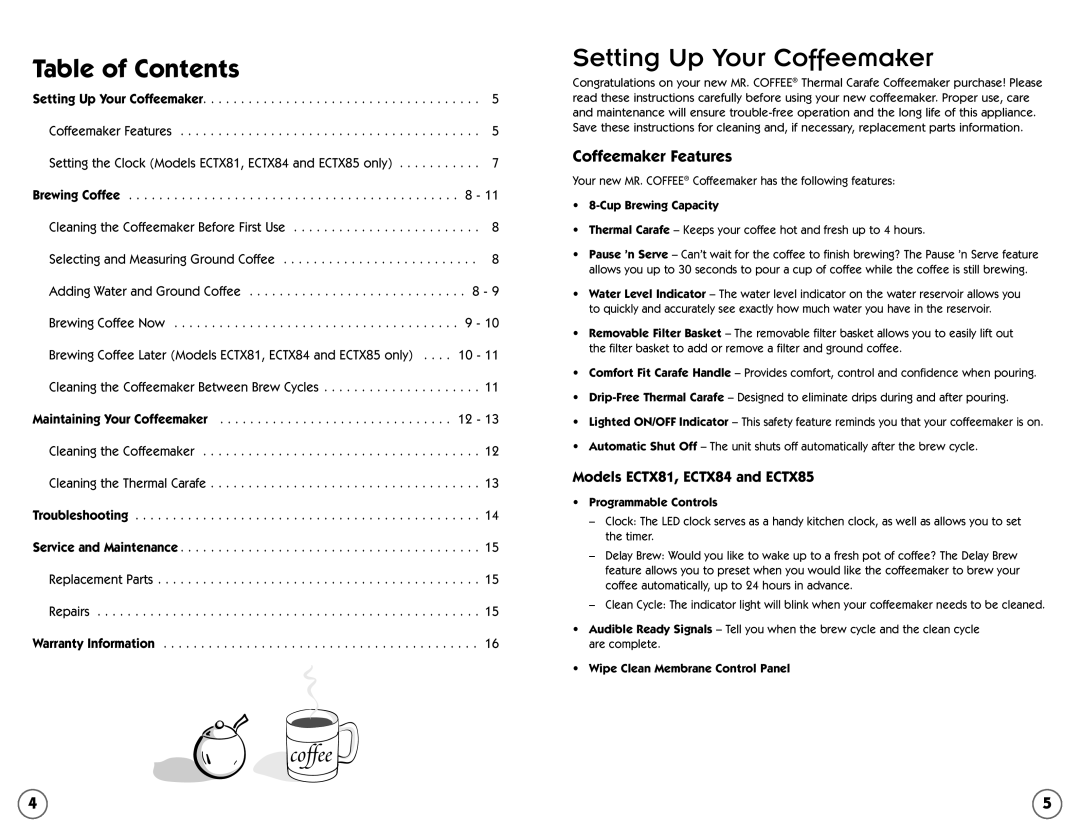 Mr. Coffee ECTX81, ECTX85, ECTX84 user manual Setting Up Your Coffeemaker, Table of Contents 