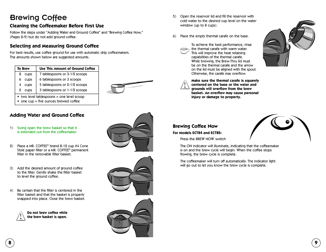 Mr. Coffee ECTX84, ECTX81 Brewing Coffee, Cleaning the Coffeemaker Before First Use, Selecting and Measuring Ground Coffee 