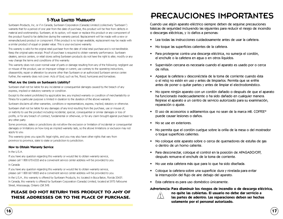 Mr. Coffee ECTX81, ECTX85, ECTX84 user manual What Are the Limits on Sunbeam’s Liability?, How to Obtain Warranty Service 