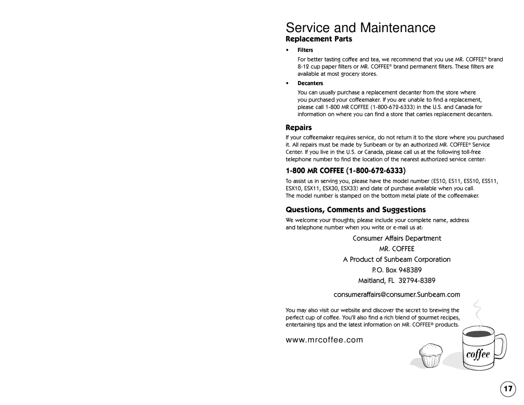 Mr. Coffee ESX10, ESS11, ESX33, ESX11, ES11, ESX30, ES10, ESS10 user manual Troubleshooting 