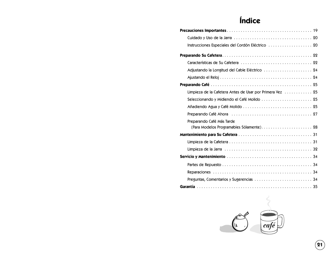 Mr. Coffee ESX30, ESX10, ESS11, ESX33, ESX11, ES11, ES10, ESS10 user manual Índice 