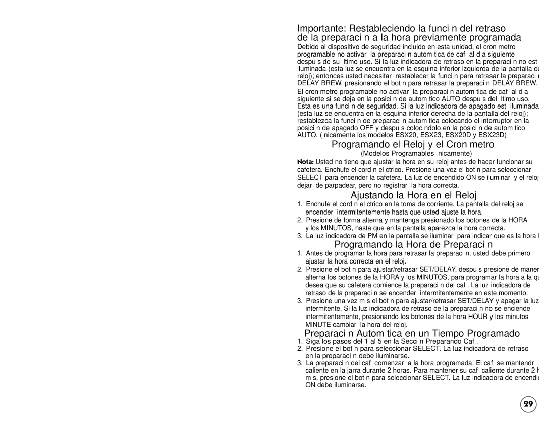Mr. Coffee ESX30 Programando el Reloj y el Cronómetro, Ajustando la Hora en el Reloj, Programando la Hora de Preparación 