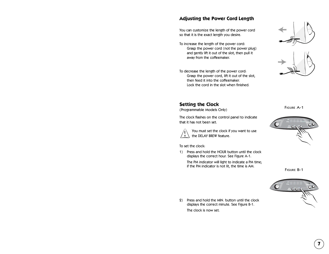 Mr. Coffee ESS10, ESX10, ESS11, ESX33, ESX11, ES11, ESX30, ES10 user manual Adjusting the Power Cord Length, Setting the Clock 