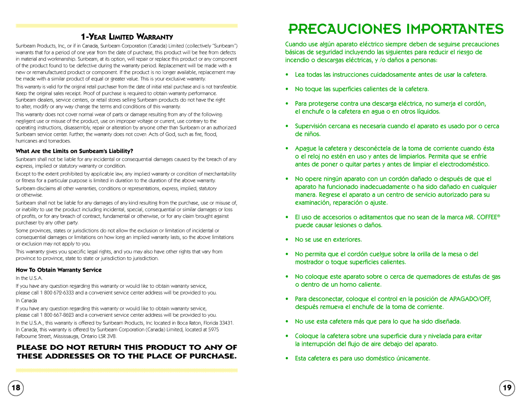 Mr. Coffee ESX20 manual What Are the Limits on Sunbeam’s Liability?, How To Obtain Warranty Service 