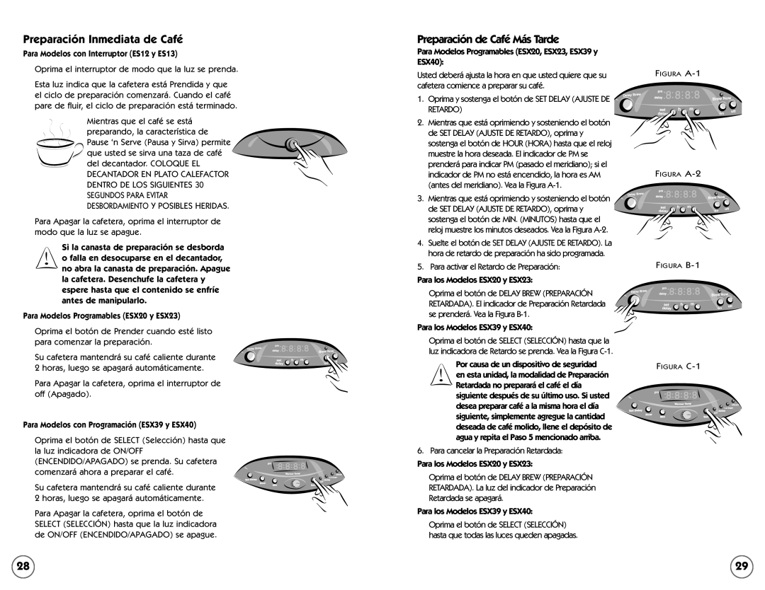 Mr. Coffee manual Preparación Inmediata de Café, Preparación de Café Más Tarde, Para los Modelos ESX20 y ESX23 