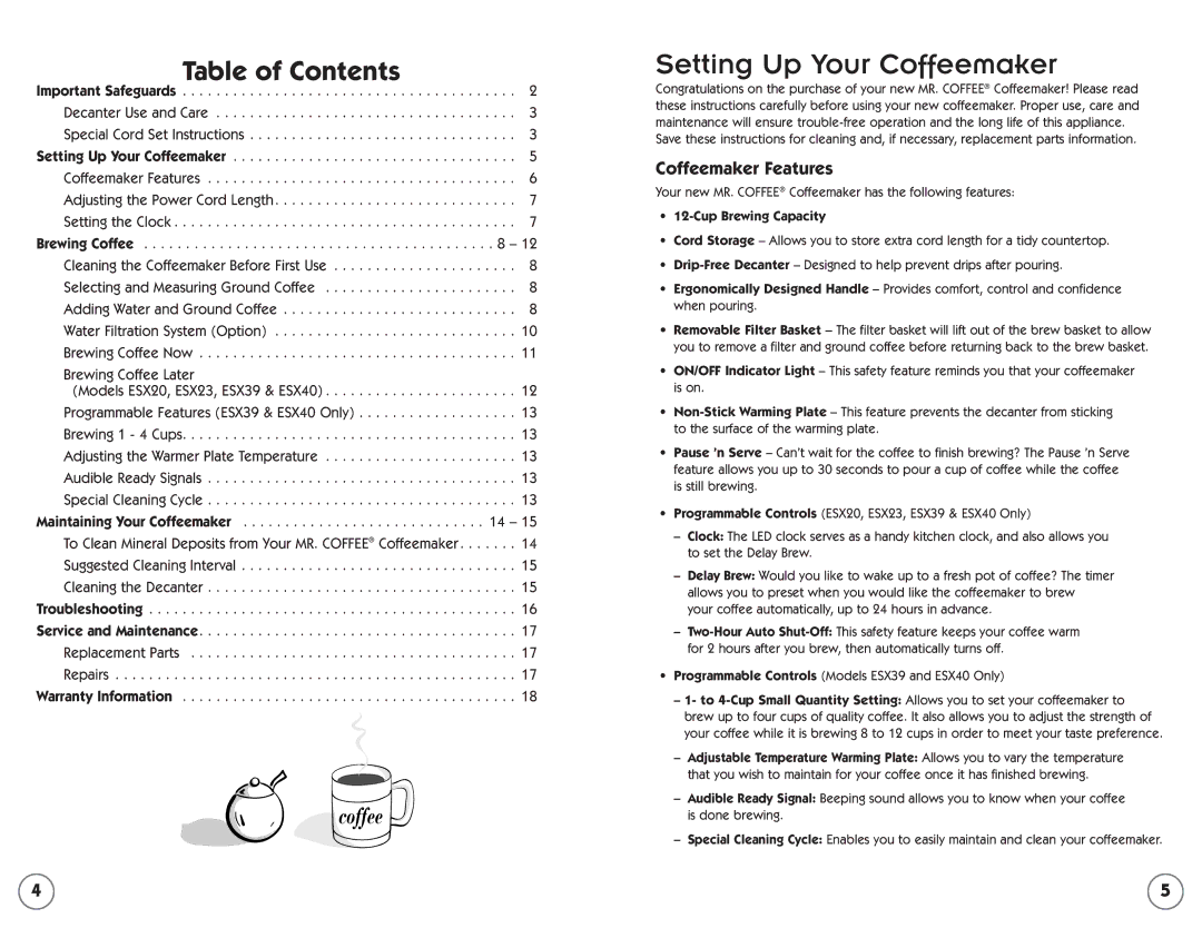 Mr. Coffee ESX20 manual Setting Up Your Coffeemaker, Table of Contents 