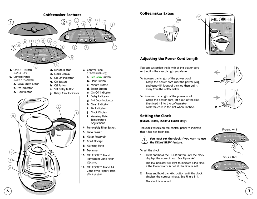 Mr. Coffee ESX20 manual Coffeemaker Features Coffeemaker Extras, Adjusting the Power Cord Length, Setting the Clock 