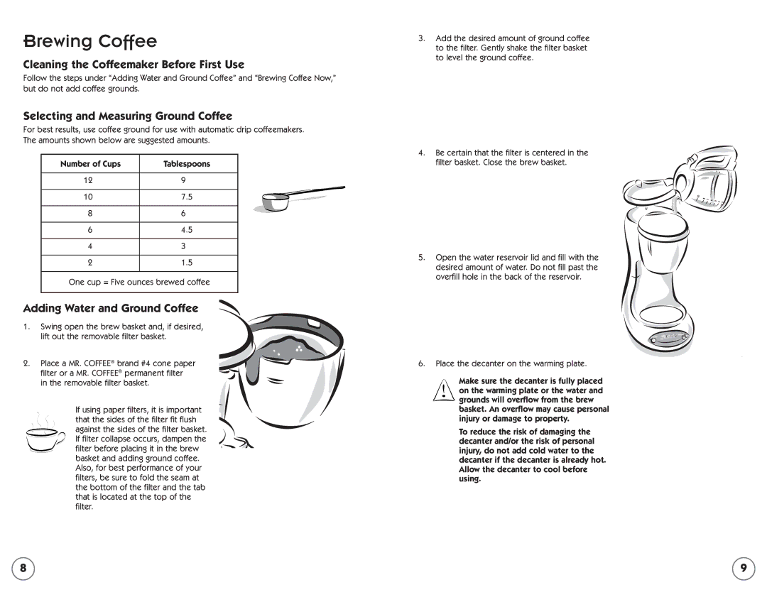 Mr. Coffee ESX20 manual Brewing Coffee, Cleaning the Coffeemaker Before First Use, Selecting and Measuring Ground Coffee 