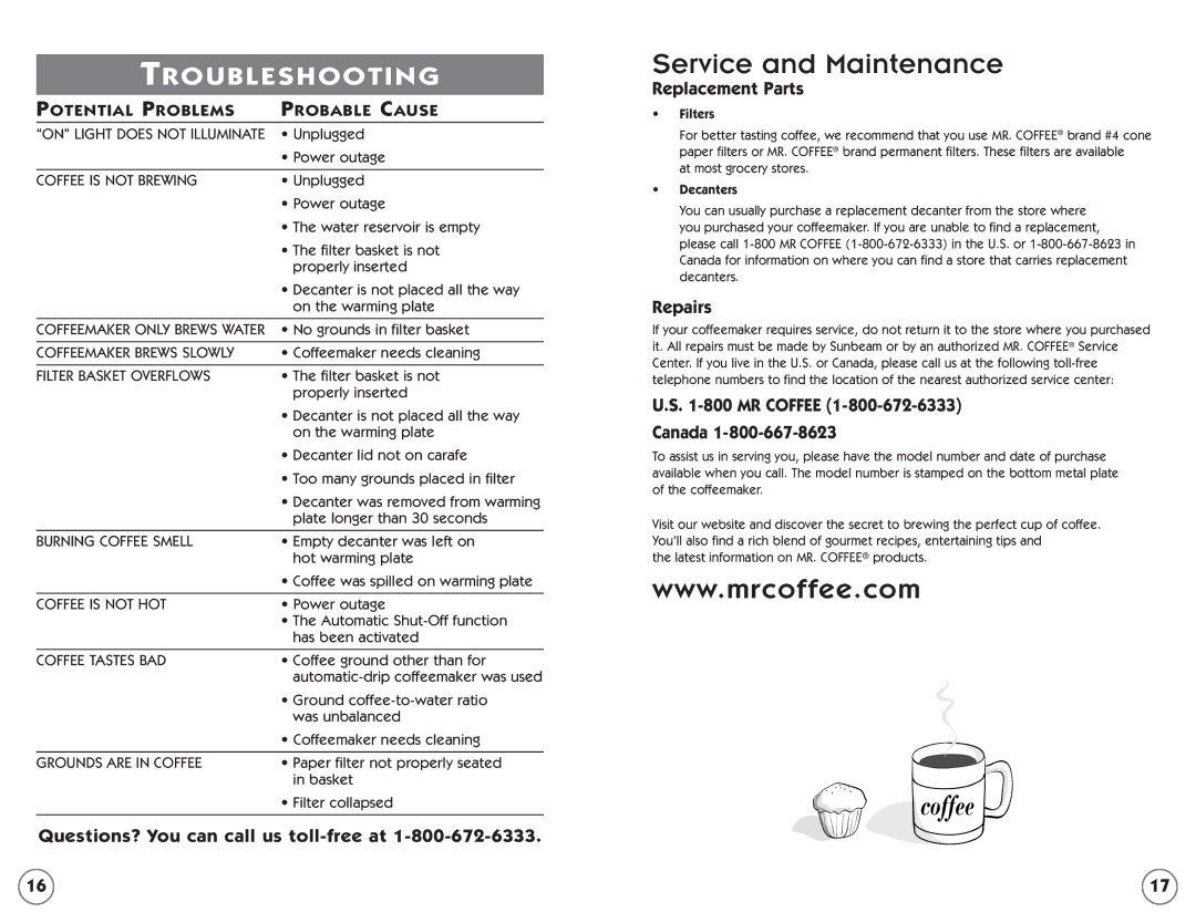 Mr. Coffee ESX20 manual Service and Maintenance, Replacement Parts, Repairs 