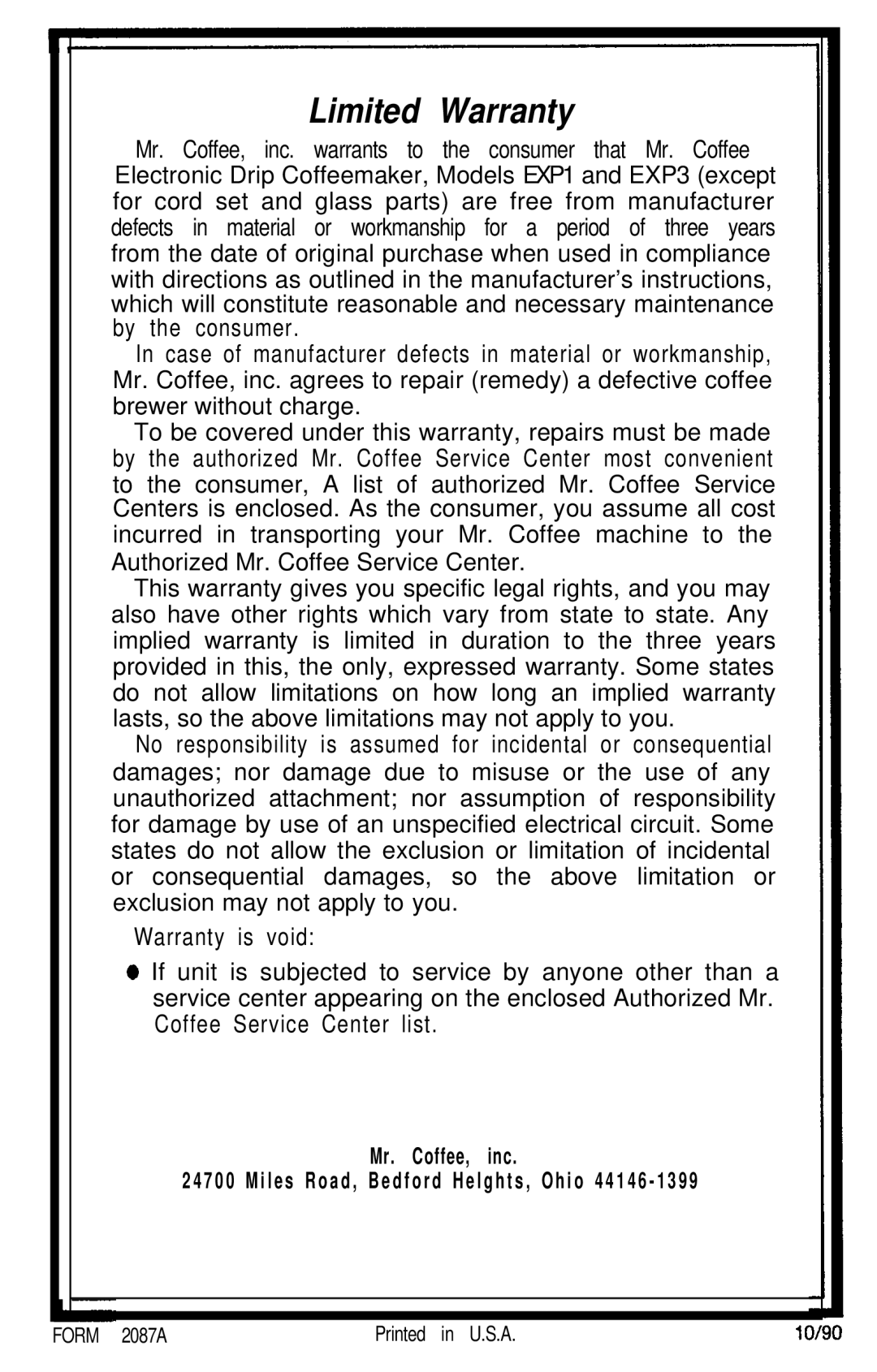 Mr. Coffee EXP1 or EXP3 operating instructions Limited Warranty 