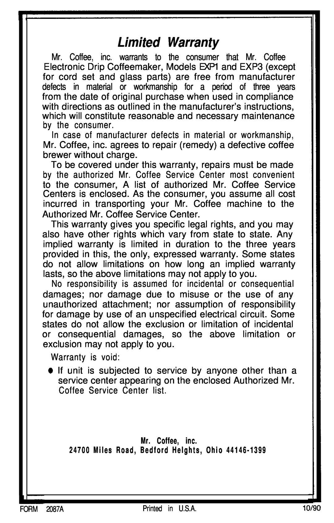 Mr. Coffee EXP1 or EXP3 operating instructions Limited Warranty 