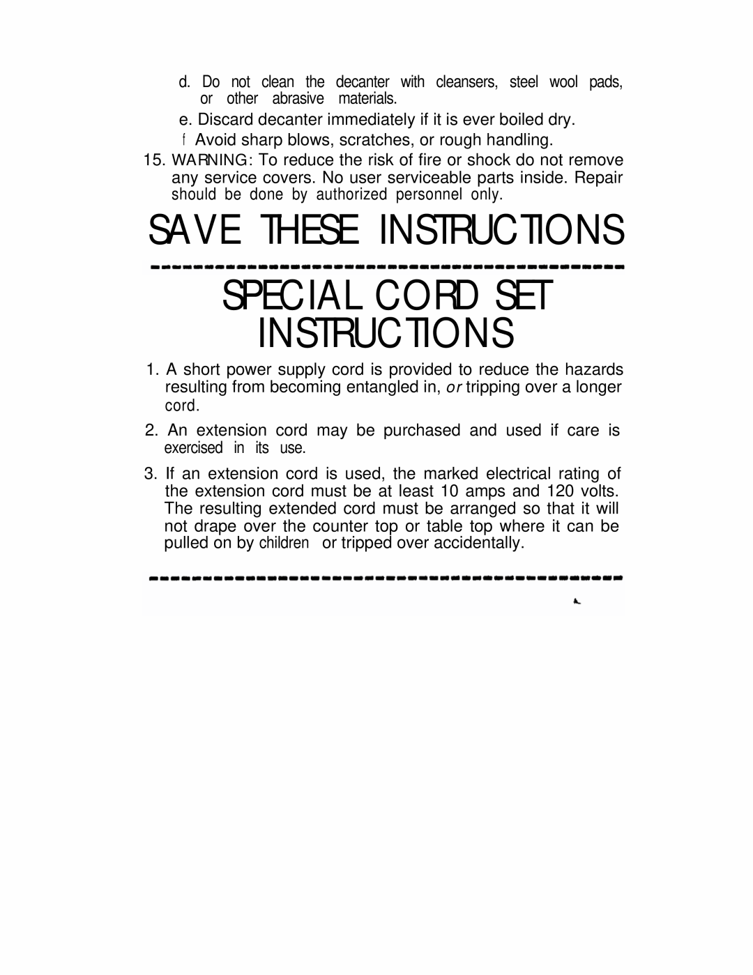 Mr. Coffee EXP1 or EXP3 operating instructions Save These Instructions Special Cord Set 