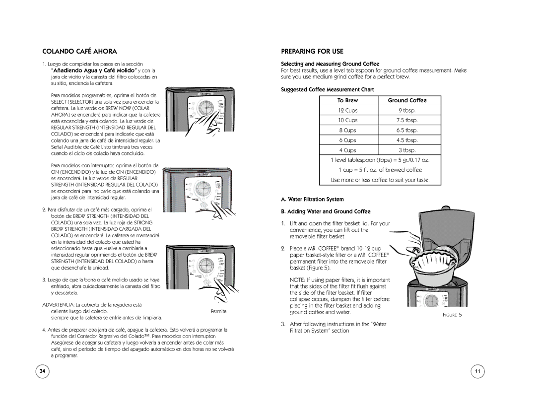 Mr. Coffee FT Series Colando Café Ahora, Preparing for USE, Selecting and Measuring Ground Coffee, To Brew Ground Coffee 