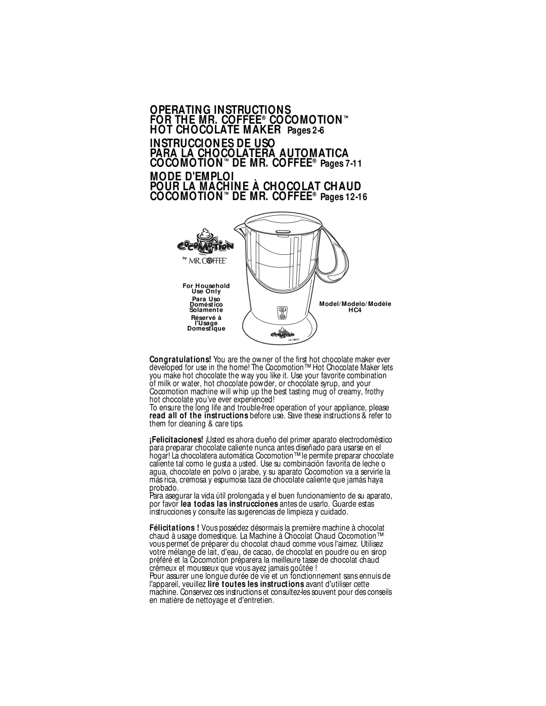 Mr. Coffee HC4 operating instructions Mode Demploi, For the MR. Coffee Cocomotion HOT Chocolate Maker Pages 