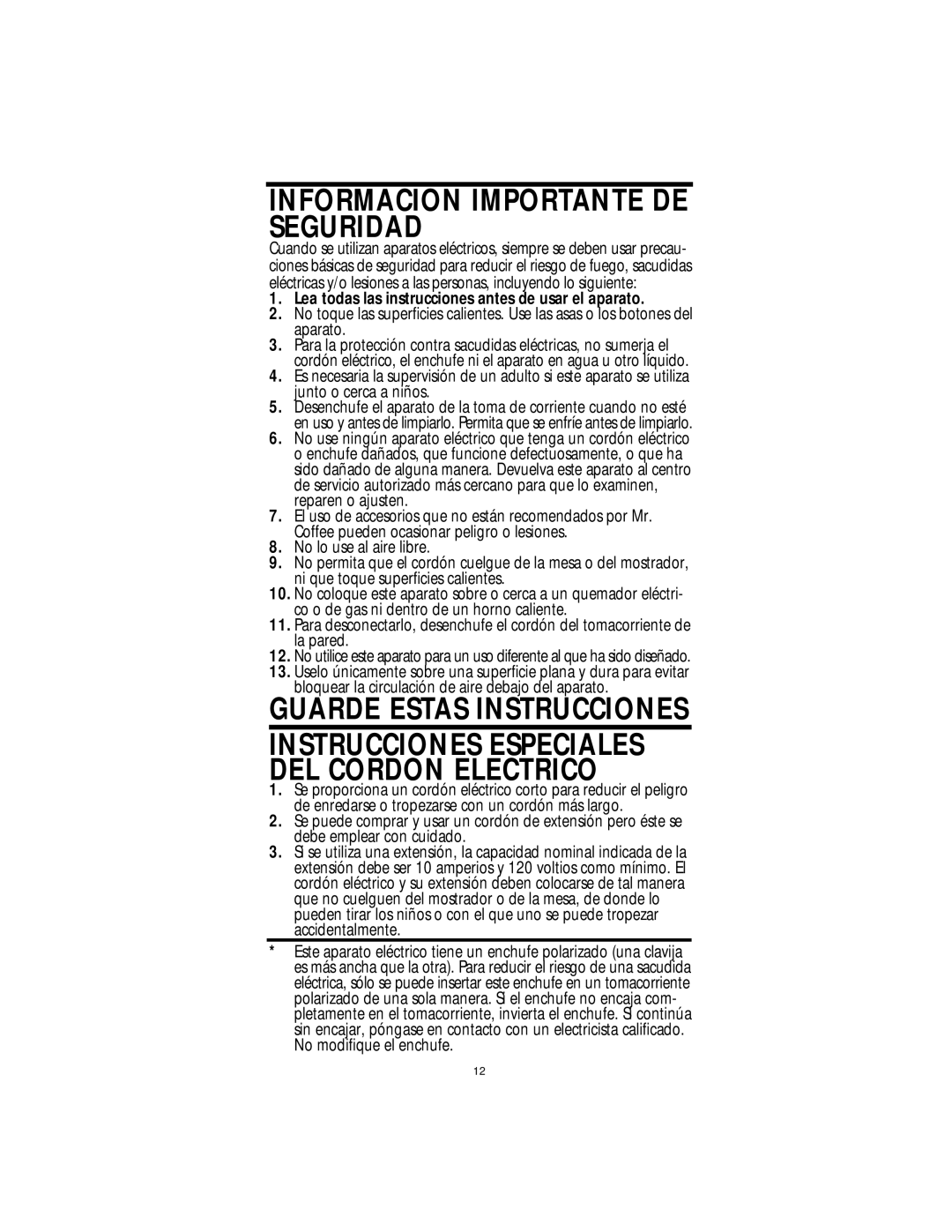 Mr. Coffee HC4 operating instructions Guarde Estas Instrucciones, Informacion Importante DE Seguridad 