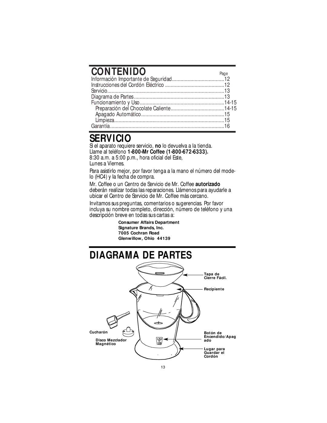 Mr. Coffee HC4 operating instructions Contenido, Servicio, Diagrama DE Partes 