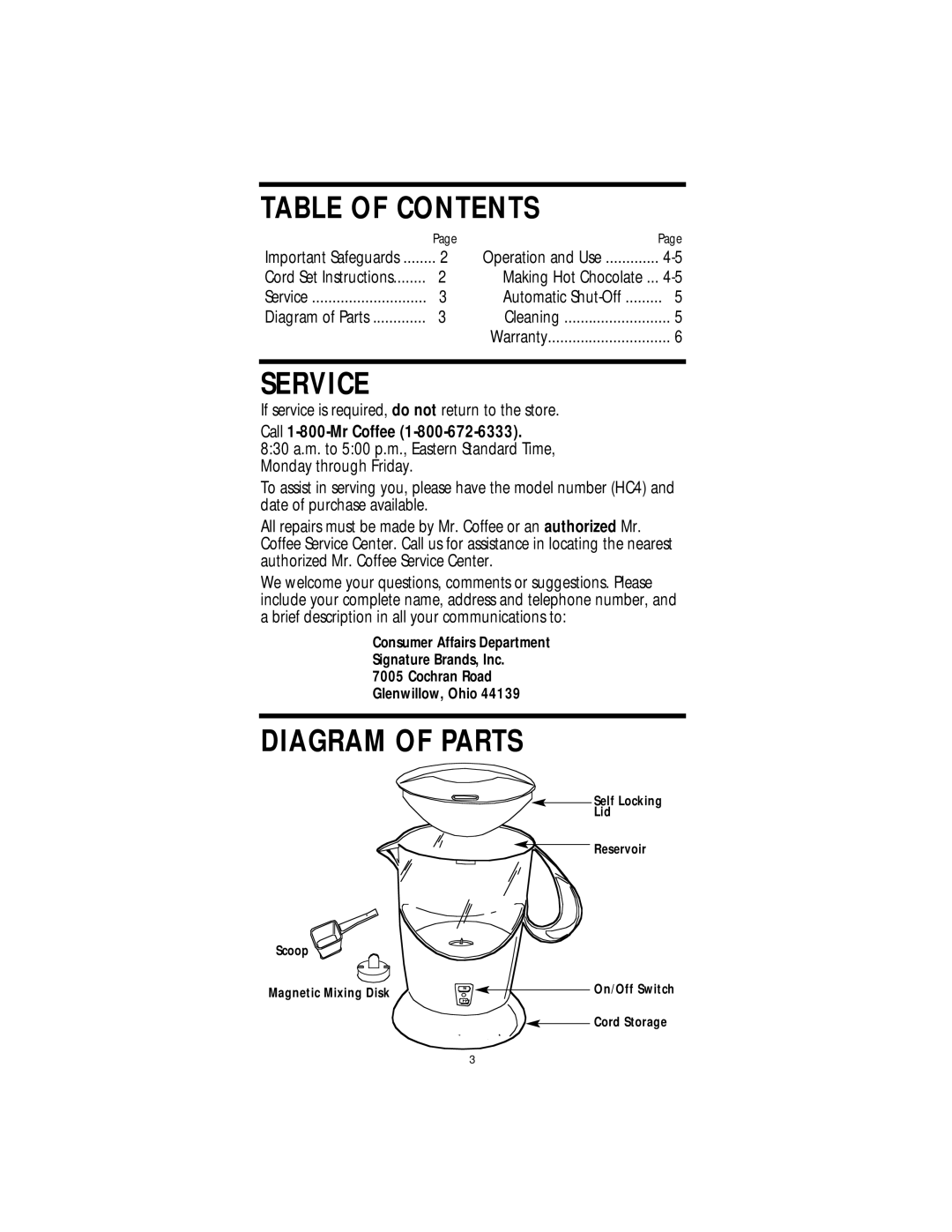 Mr. Coffee HC4 operating instructions Table of Contents, Service, Diagram of Parts 