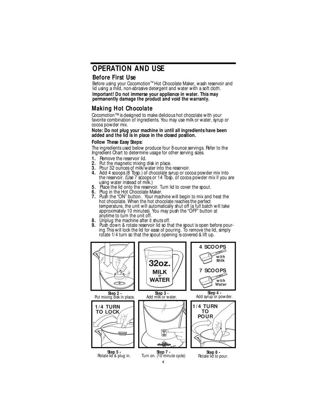 Mr. Coffee HC4 operating instructions Before First Use, Making Hot Chocolate 