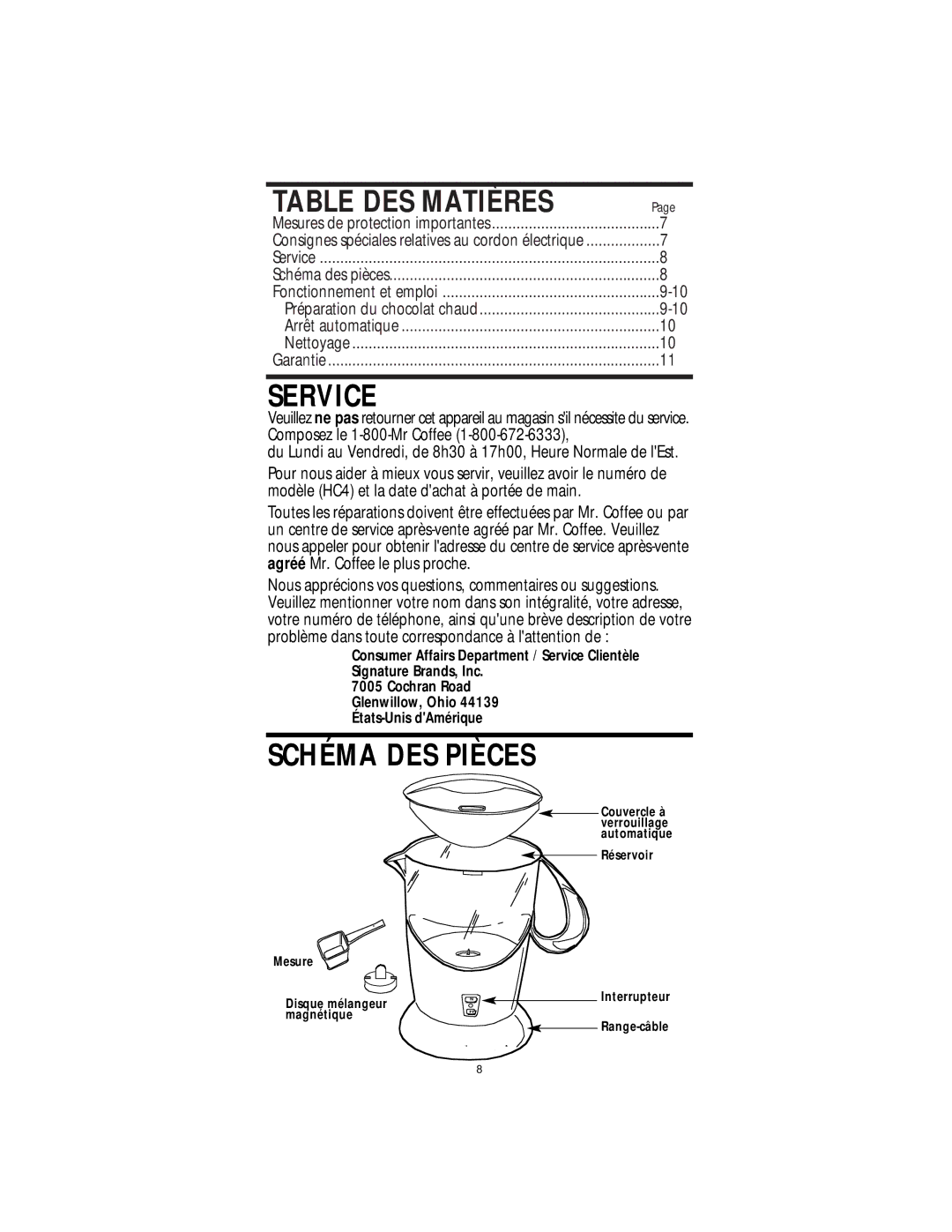 Mr. Coffee HC4 operating instructions Table DES Matières, Schéma DES Pièces 