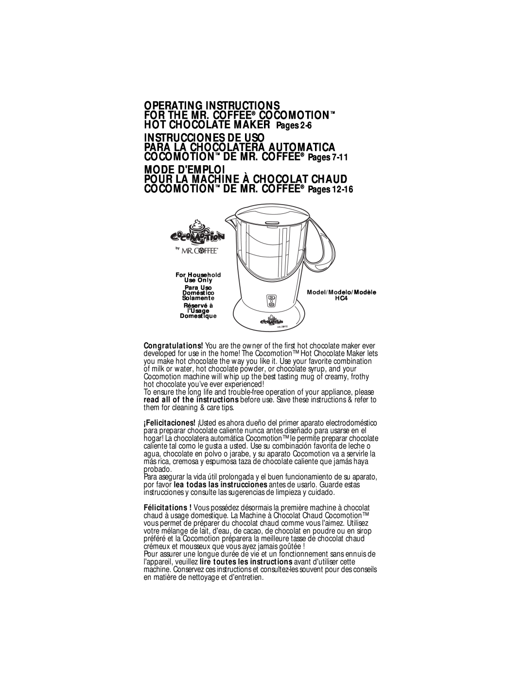 Mr. Coffee HC4 operating instructions FOR THE MR. COFFEE COCOMOTION HOT CHOCOLATE MAKER Pages, Operating Instructions 