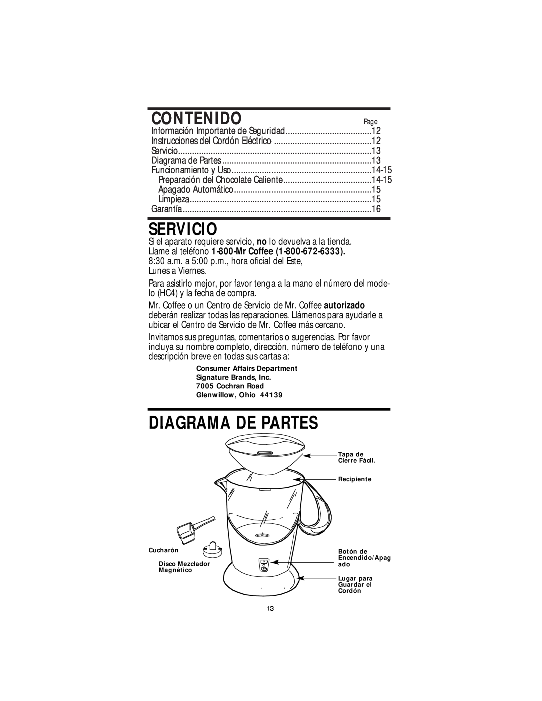 Mr. Coffee HC4 operating instructions Contenido, Servicio, Diagrama De Partes 