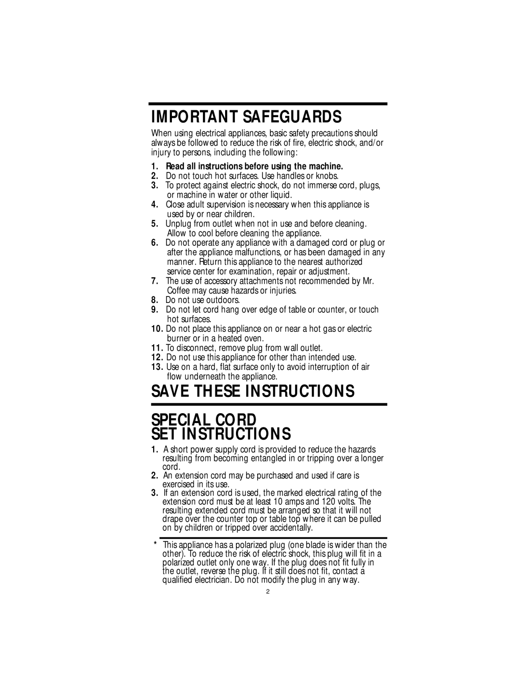 Mr. Coffee HC4 operating instructions Important Safeguards, Save These Instructions Special Cord Set Instructions 
