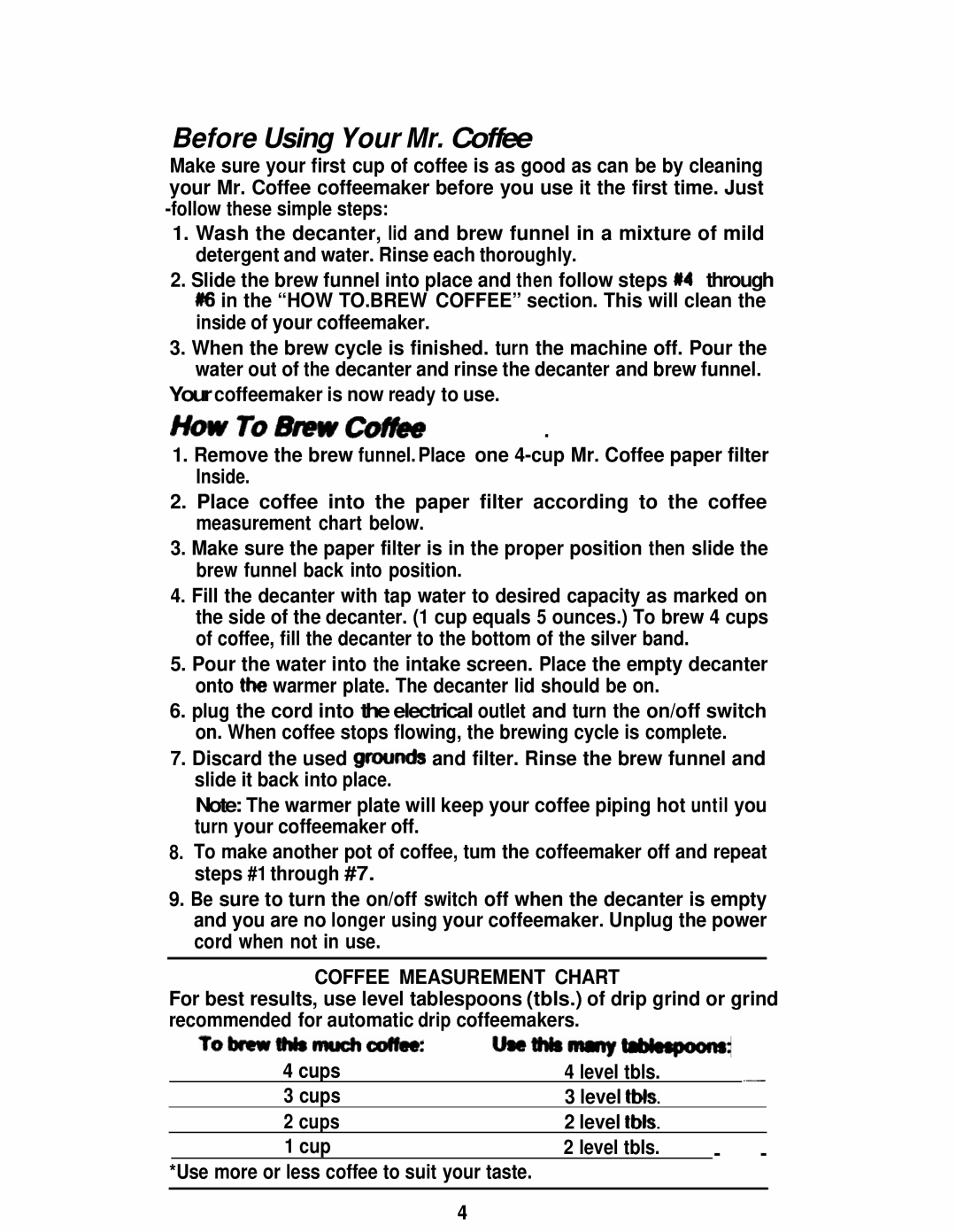 Mr. Coffee IDS40 manual Before Using Your Mr. Coffee, Coffee Measurement Chart 