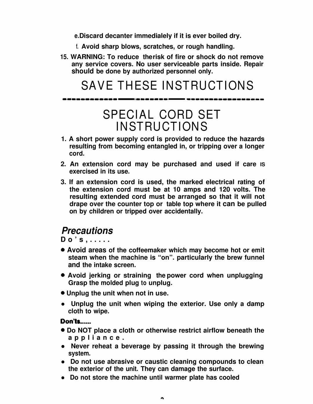 Mr. Coffee IDS40 manual Precautions, Save These Instructions Special Cord Set 