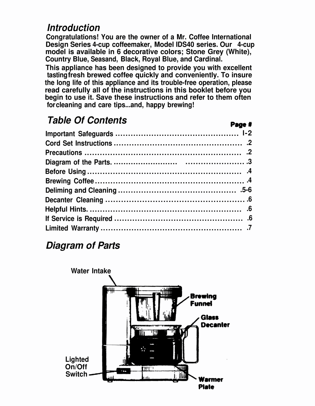 Mr. Coffee IDS40 manual Introduction, Table Of Contents, Diagram of Parts 
