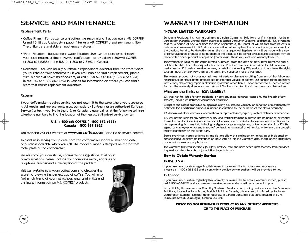 Mr. Coffee ISX43 manual Service and Maintenance, Warranty Information, Year Limited Warranty 